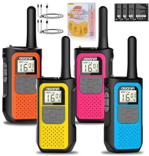 Walkie-Talkie Ricaricabile per Bambini Adulti con 1200mAh Batteria, 4 Pezzi | Walkie Talkies 16 Canali con VOX y Cavo di USB-C, 2 Way Radio a Lungo Raggio, Walki Talki per Regalo, Campeggio, Escursioni