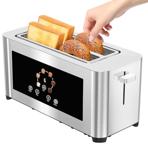 BBday Touch Screen Smart Toaster 4 Slice, LCD Display, 1.6 Long Slot Toaster with 6 Shade Settings, Defrost, Reheat & Removable Tray, Wide Slot for Long Bread, Bagels, Waffles, 1300W, Stainless Steel