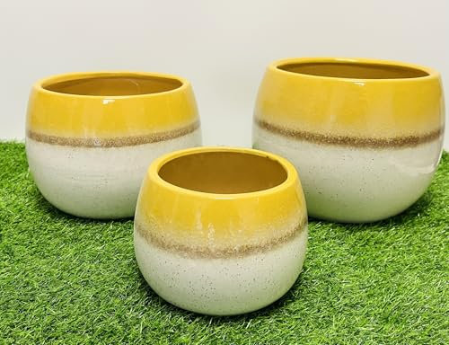 My Square Mile Decorative Ceramic Planter Pots, Indoor Outdoor Use, Yellow Two Tone CachePot (Small 17cm x 12cm)