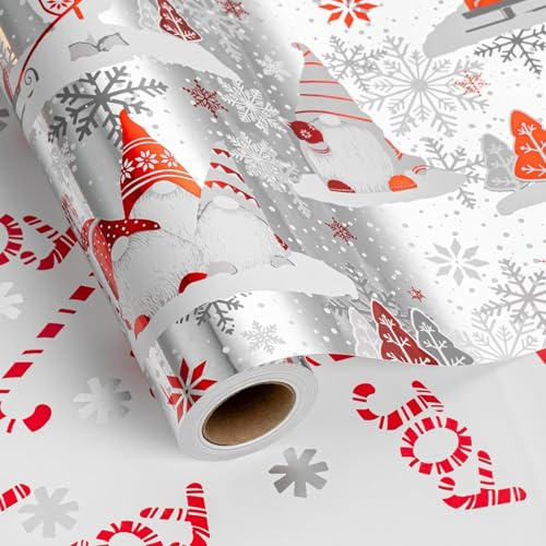 Wikadlik Weihnachts Geschenkpapier Minirolle Silber mit niedlichem Wichtel und Schneeflockenmuster für Weihnachten, Feiertage und festliche Anlässe – 43cm x 10m