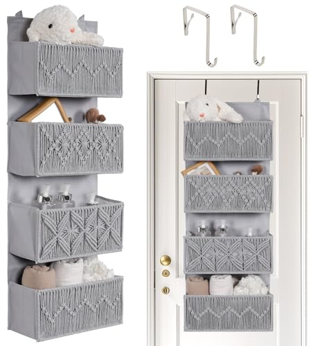 Autumnlife Hängeorganizer mit 4 Taschen, Grau Tür Organizer Deko Hängeaufbewahrung mit 2 Haken, Faltbares Hängeregal Hängende Aufbewahrungstasche für Bad, Schlafzimmer, Kinderzimmer
