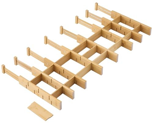 FILWH Bamboo Drawer Dividers with Inserts kitchen drawer organizer Adjustable Expandable 8 Pack Organizer Set for Kitchen Bedroom Bathroom Office 8 Dividers with 16 Inserts (Natural, Small (14-19IN))