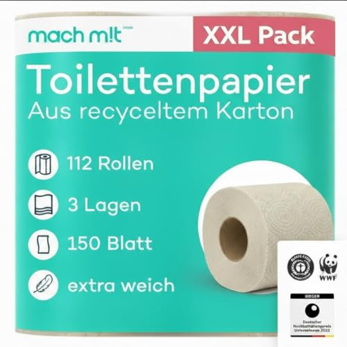 112 Rollen - Toilettenpapier 3-lagig – ohne Bleichmittel - aus recyceltem Karton - extrem weich & umweltschonend - Made in Germany - recycelbar - 150 Blatt je Klorolle – mach m!t