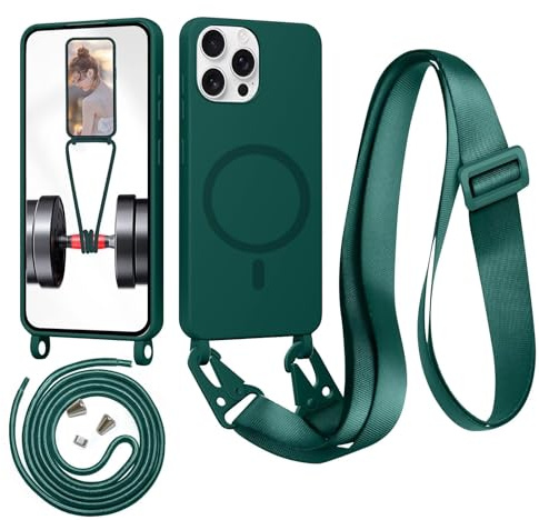 Beajew Handykette für iPhone 11 Pro Max Hülle mit Band [Kompatibel mit Magsafe] Flüssig Silikon Necklace Handyhülle Magnetische Schutzhülle zum Umhängen Kordel für iPhone 11 Pro Max, Dunkelgrün