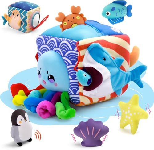 SAIMAND Jouet Bebe 6 Mois – Boîte Sensorielle Montessori sur Le Thème de l’Océan avec 5 Animaux Marins en Peluche, Hochet, Papier Froissé et Miroir – Jeux d’Éveil et Cadeau Bebe 1 an