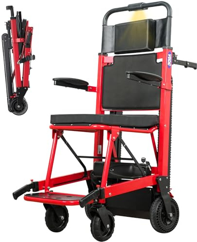 VOCIC Elektrisch Treppensteiger Rollstuhl Faltbar 220KG mit Gummikette AY04 | Elektrische Treppenhilfe Rollstühle für Senioren, Treppenlift Medizinische Rettungstrage mit LED Licht (Rot)