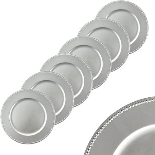 IL BOTTEGONE Set 6 Sottopiatti Riutilizzabili, 33 Cm Sottopiatti in PP Piatti da Portata Rotondi Grandi per Natale Nozze Festa Ristorazione Evento Tavolo Decorazione (Sansa Argento)