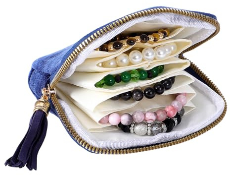 WJIAAA Small Blue Velvet Travel Jewelry Pouch with Compartments Zipper