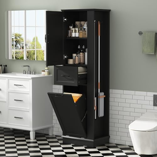 Tall Cabinet Linen Tower with Door and Drawer, Multi-Functional Bathroom Storage Organizer with Laundry Hamper, Left or Right Orientation, Soft-Closing Door, Black