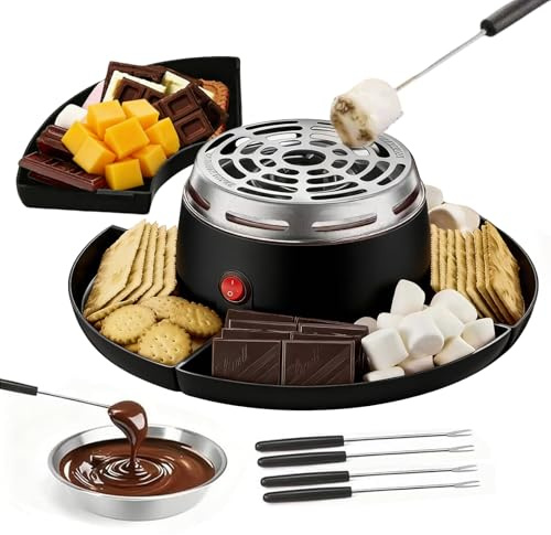 Fondue de Chocolate Eléctrica 2-en-1, Tostador de Malvaviscos Eléctrico y Fundidor de Chocolate con 4 Recipientes y 4 Brochetas – Set de Fondue para Chocolate y Queso, Máquina para S'Mores de Interior