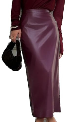 ZC8bdbd Abito da donna gonna lunga in pelle gonna a matita a vita alta aderente Maxi con spacco posteriore, vino, S