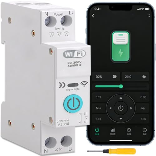 Acmerota IP+N DIN Rail Smart WiFi Switch Relay Circuit Breaker Timer, Power Metering Energy Monitoring, Remote Control by via Tuya Smart App for Smart Home 1P 63A Kit for Alexa/Google Assistant