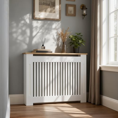 FATIVO Cubre Radiadores Blanco: 112x20x83cm con Estante de Veta de Madera