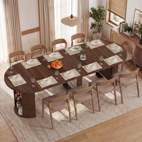 Modern Extendable Round Dining Table, 38.6 to 110.2 Expandable Fluted Table for 2-12 People with Storage, Space Saving Table for Party, Meeting, Celebration (Walnut)