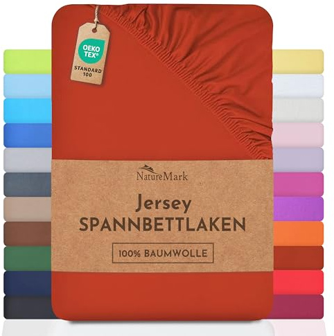 NatureMark Jersey Spannbettlaken, Spannbetttuch 100% Baumwolle in vielen Größen und Farben MARKENQUALITÄT ÖKOTEX Standard 100 | 90 x 200 cm - 100 x 200 cm - rost rot