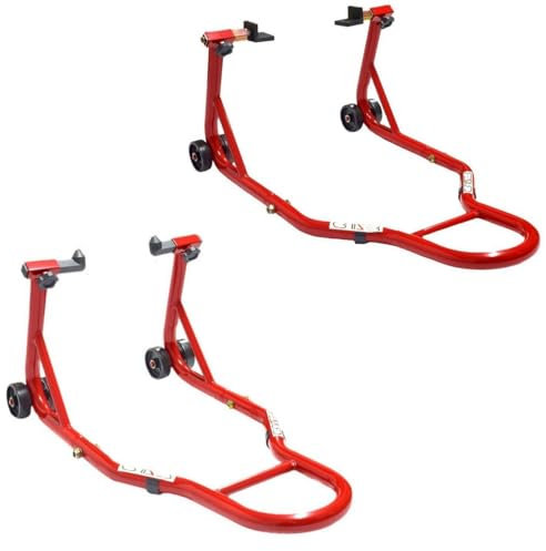 CRUIZER Cavalletto Moto Anteriore con Attacchi a Coni + Cavalletto Posteriore a Piastre Regolabili con Ruote Sottostanti Barre Rinforzi Laterali Carico Massimo 600 kg