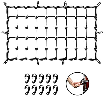 Mockins 36x20 Heavy Duty Cargo Net for Pickup Truck Bed Expandable Up to 75x40 | 6mm Thick Elastic Bungee Net with Hooks for Truck, SUV & Car | 4x4 Mesh Square Cargo Netting for Any Type of Load
