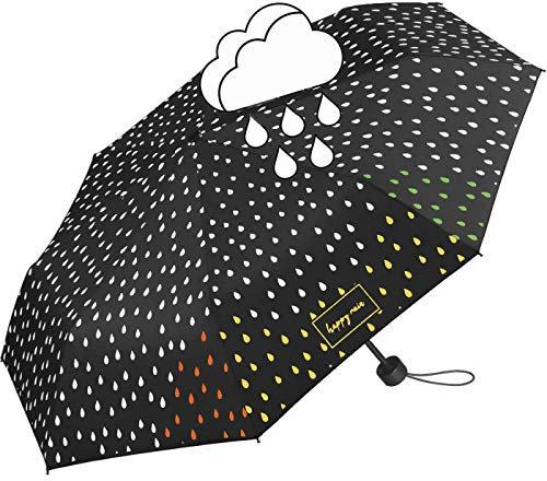 Happy Rain Schwarzer Regenschirm, Farbwechsel in nassen Regentropfen, mehrfarbig, Mini-Taschenschirm-Handöffner. 95 cm