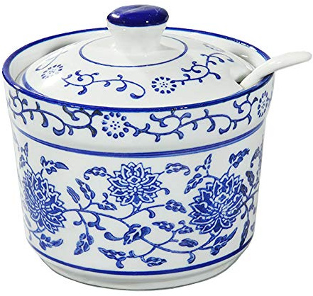 123Arts Azucarero de cerámica azul y blanco, tarro de especias con tapa y cuchara, olla para condimentos