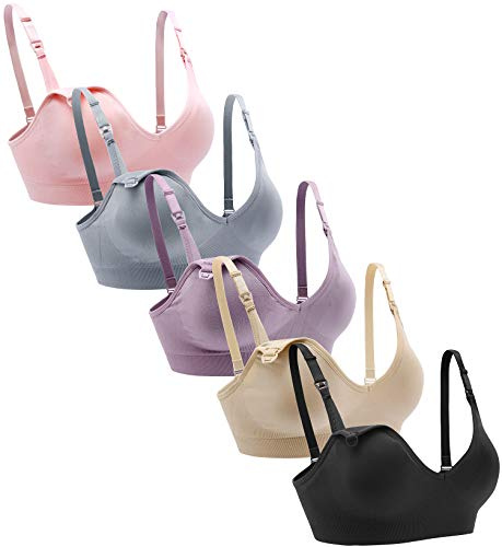 Suekaphin Nursing Bra 5pack Wireless V Neck Maternity Nursing Bra Bralette Low Cut Sleeping Breastfeeding with Extenders,Large,Black/Nude/Pink/Gray/PurpleBean