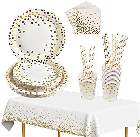 TOPWAYS White Gold Birthday Decorations Party Tableware Set, Disposable Paper Party Plates Cups Napkins Tablecloth for Kids Women Men Birthday Decorations, Weddings, Picnics, Anniversary (16 Guests)
