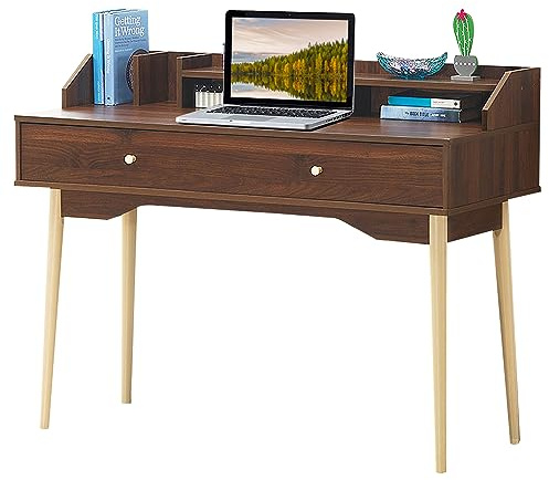 COSTWAY Scrivania con Cassetto, Tavolo per Casa e Ufficio con Gambe Resistenti in Legno di Gomma e 2 Scompartimenti, Ideale per Salone Studio Camera da Letto, 120 x 50 x 93 cm (Marrone)