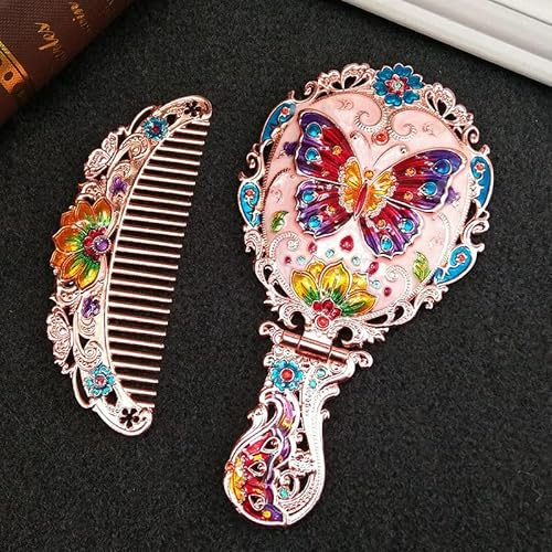 Handspiegel-Set, Vintage-Make-up-Spiegel und Kamm, antikes Prinzessinnenschloss, Kosmetikspiegel, dekorativ, geprägte Haarbürste, Geschenk für Frauen und Mädchen (Blume)
