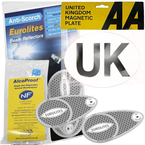 Xtremeauto 3pc European Driving Kit - Eurolites Beam Deflectors Benders Headlight Deflectors For Europe & AA Magnetic UK Sticker Plate & NF Alcohol Breathalysers - For Cars, Trucks, Vehicles France