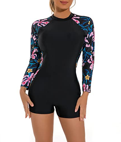 Odizli Badeanzug mit Bein Schwimmanzug Damen Langarm/Kurzarm Blumen Druck Zip Up Surfer Kurz Bademode