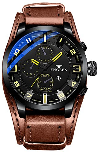 JewelryWe Leather Wristwatch for Men:Round Analog Quartz Calendar Watch Punk Casual Military Watches