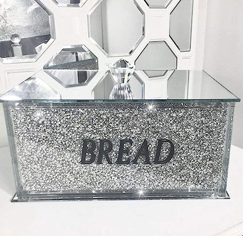 Crystal Filled Mirrored Bread Bin Glass Box Jar Kitchen Dining Storage Kitchen Container, Sparkly Glitter Crushed Diamond Crystal Stylish And Attractive Design Present, Home Decor (XXL SILVER)