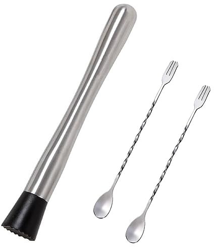 JOCXZI Set di 3 Pestello da Cocktail E Cucchiaio da Cocktail in Acciaio Inox Cocktail Muddler,Strumenti Essenziali per Bar in Acciaio Inox,1 pestello da Cocktail, 2 Cucchiaio da Cocktail per Barman