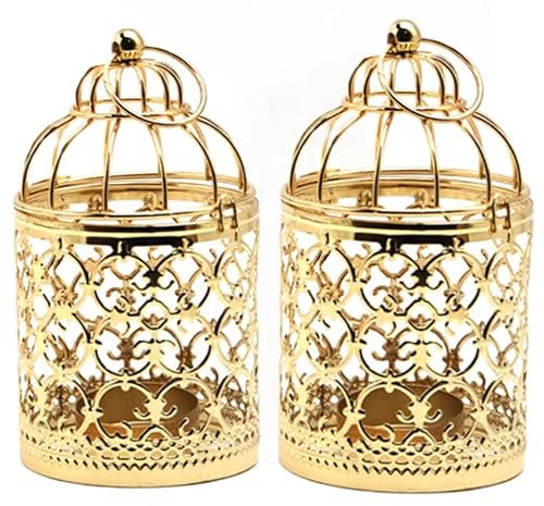 2pcs Vogelkäfig Metall Wandbehang Vogelkäfig Dekoration, Hängende Kerzenstein Käfig Laternen Geeignet für Hochzeit Party Indoor Outdoor Retro Dekoration (Gold)