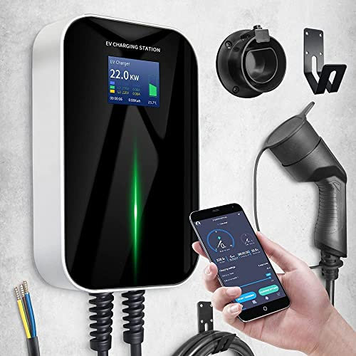 22kw EV-Ladestation Typ 2 32A EU Standard Ladegerät IEC 62196-2 Stecker mit Stromkabel und APP zum Verteilerkasten Tragbare schnelle wallbox (22KW-APP)