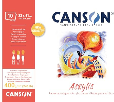 Canson Acrylic, Blocco Carta per Colori Acrilici Grana Telata 33x41 cm, 400gm, 10 Fogli, Collato un Lato
