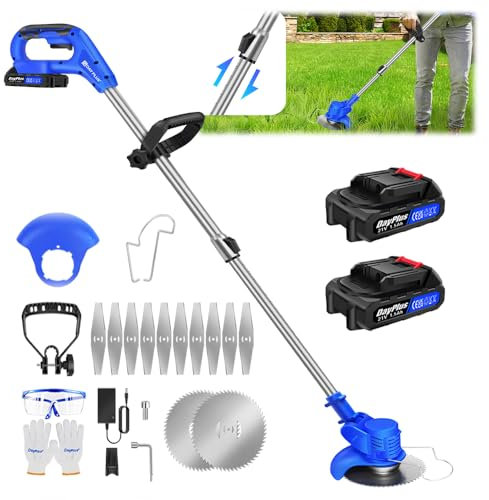 21V Akku Rasentrimmer mit 2 Batterien Kantenschneider Rasen, 21V Freischneider Elektrischer Rasentrimmer Elektro-Trimmer Akku Motorsense Rasen mit Drehbarem Griff, Akku-Rasentrimmer für Garten, Hof