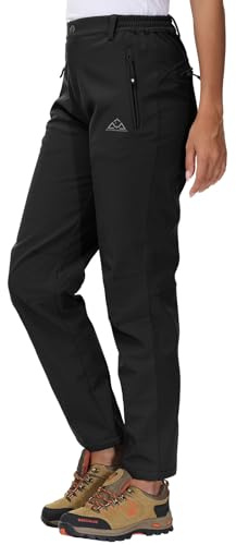 YSENTO Pantalones softshell para mujer, de invierno, para senderismo, esquí, impermeables, con forro cálido, térmicos, para exteriores, pantalones de trekking, Negro , XXL