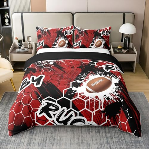 Homewish Rugby Coton Housse de Couette 220x240,Football Sport Parure de Lit pour Le Lit,Jeu en Nid d'abeille Imprimé Chambre Décor Enfant Garçon Literie Set,Peinture À L'Encre Rouge Noire Couvre Lit