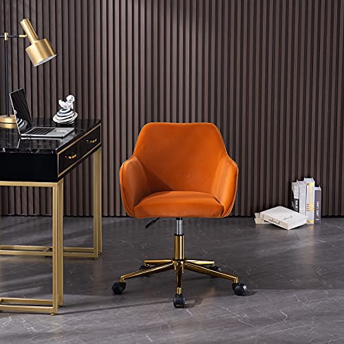 TaiEnjoy Höhenverstellbarer Drehstuhl – Luxuriöser Samtstuhl mit Goldenen Beinen, 360° Drehfunktion für Innenräume, Ideal für Büro und Schlafzimmer (Orange)