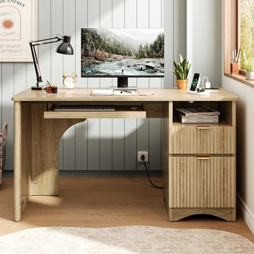 Bestier Computer Desk with Drawer, 55 inch Office Desk with Power Outlet, Modern Home Office Desk with Keyboard Tray (Natual Oak, 55 W with Single-Sided Drawers)