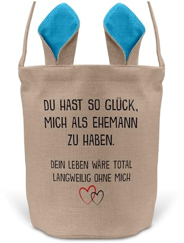 22Feels Ostern Geschenk Ehefrau Osterkorb mit Henkel Tragetasche Deko Osternest Körbchen Hasenohren (Beige/Blau)