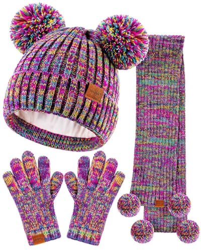 Baby Winter-Set mit Mütze, Handschuhe und Schal, Bommelmütze, Halswärmer, Gamaschen und Handschuhe mit Fleece gefüttert