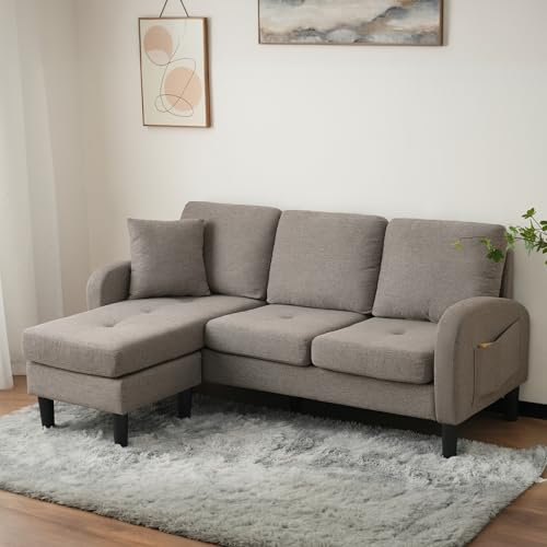 Sofá esquinero con chaise longue de 166 x 118 x 77 cm, sofá de 3 plazas en forma de L, sofá modular de 160 cm de ancho, sofá de aspecto de lino, sofá pequeño para habitaciones pequeñas, gris oscuro