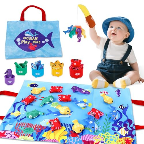 Toddlers Montessori Toys for 1 Year Old Boys Girls, 22pcs Fishing Game | Sensory Toys for Baby 1-3 Ages 12-36 Mons Counting, Color Sorting, Stacking, Shape, Letter Learning Gifts(Sea style)