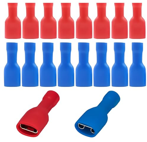 KEWUF 100 pz Heschen Connettori rapidi femmina in vinile completamente isolati 6.3 x 0.8 mm, rosso per 0.5-1.5 mm² (22-16 AWG), blu per 1.5-2.5 mm² (16-14 AWG)