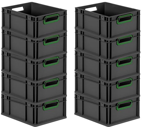 PROREGAL SuperSparSet 10x Eurobox NextGen Color | HxBxT 17x30x40cm | 16 Liter | Griffe grün offen | Schwarz | Eurobehälter, Transportbox, Transportbehälter, Stapelbehälter