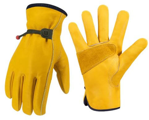 Cxqunzon Gardening Gloves for Men and Women, Thorn Proof Leather Work Gloves Heavy Duty Comfortable Utility Garden Working Gloves Full Cowhide, Gold, Extra Large