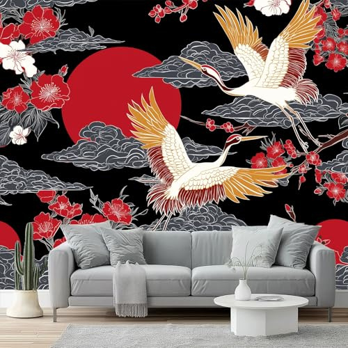 Papel pintado Grulla tradicional japonesa pintado no tejido 250 x 175 cm con diferentes Paredes en Baño, Sala de Estar, Dormitorio,Cocina Rojo Negro