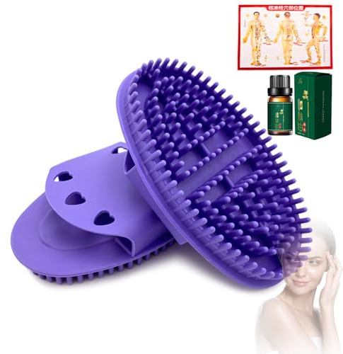Purple Silicone Dry Brush for Gentle Exfoliation & Lymphatic Massage - Long Handle Meridian Therapy Sensory Tool, Back Belly Scrubber for Improved Skin Texture & Circulation