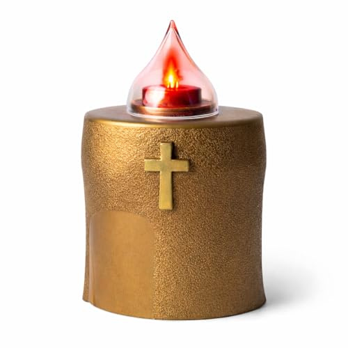 Lumino Elettrico Oro per Loculo Mortuario con Croce Dorata e Luce Rossa Intermittente – Lampada Votiva a Batteria Resistente alle Intemperie per Cimitero, Tomba e Cappella, Uso Interno ed Esterno,